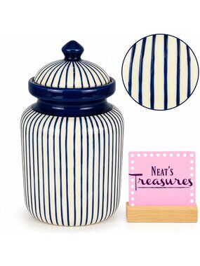 LA Cucina Collection BLUE STRIPES Medium Rubber Seal Lid Ceramic 8.5" Canister
